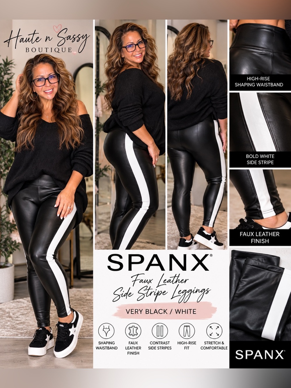 🖤🤍 NWOT SPANX FAUX LEATHER SIDE STRIPE LEGGINGS 🖤🤍